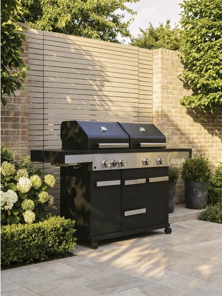 John Lewis Grillstream Dual Hood 5-Burner Hybrid Gas & Charcoal BBQ, Black/Silver - view 2, Black/Silver