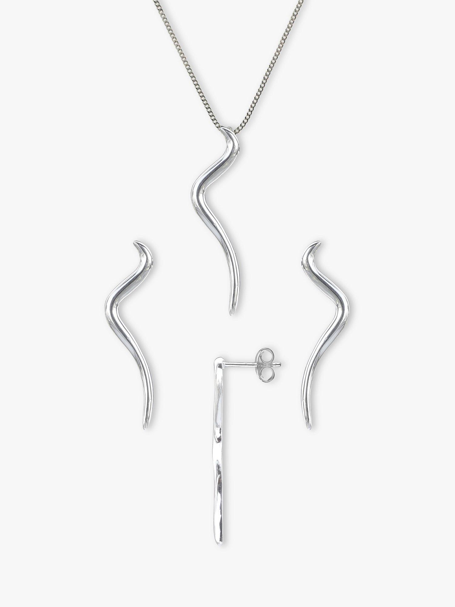 Product image 1 of 4, which shows Nina B Long Wave Pendant and Drop Earrings Jewellery Set, Silver