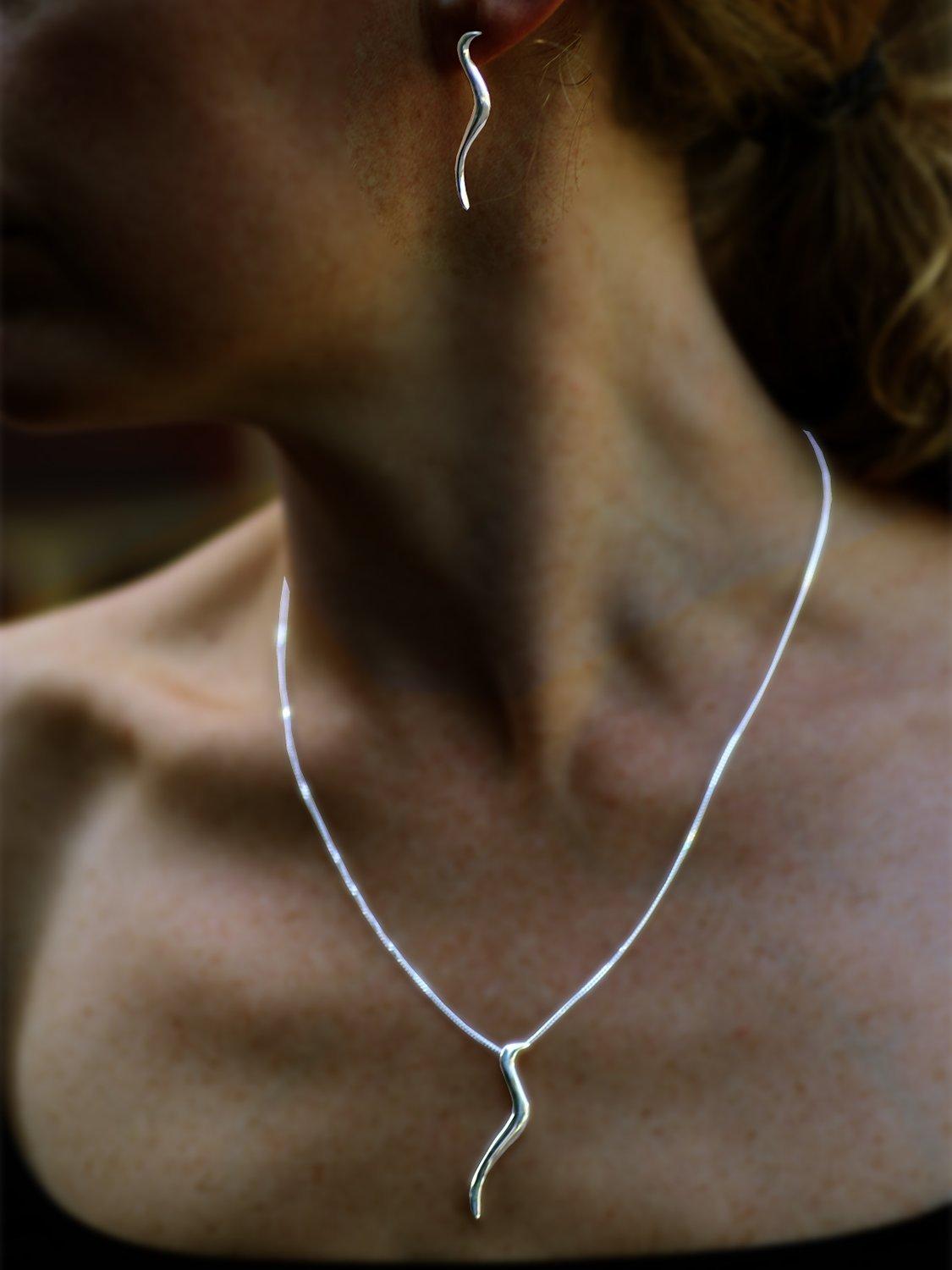 Product image 2 of 4, which shows Nina B Long Wave Pendant and Drop Earrings Jewellery Set, Silver