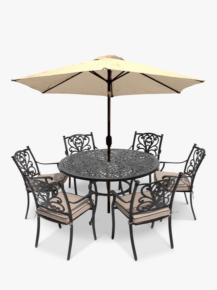 LG Outdoor Devon 6-Seater Garden Dining Table & Chairs Set with Parasol, Bronze, Bronze