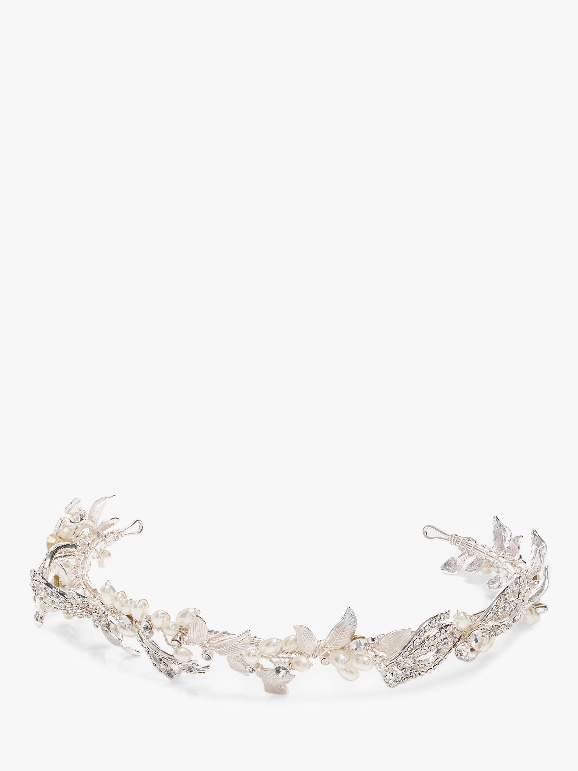 Product image 1 of 2, which shows Jon Richard Delilah Crystal Pave Feather & Pearl Tiara