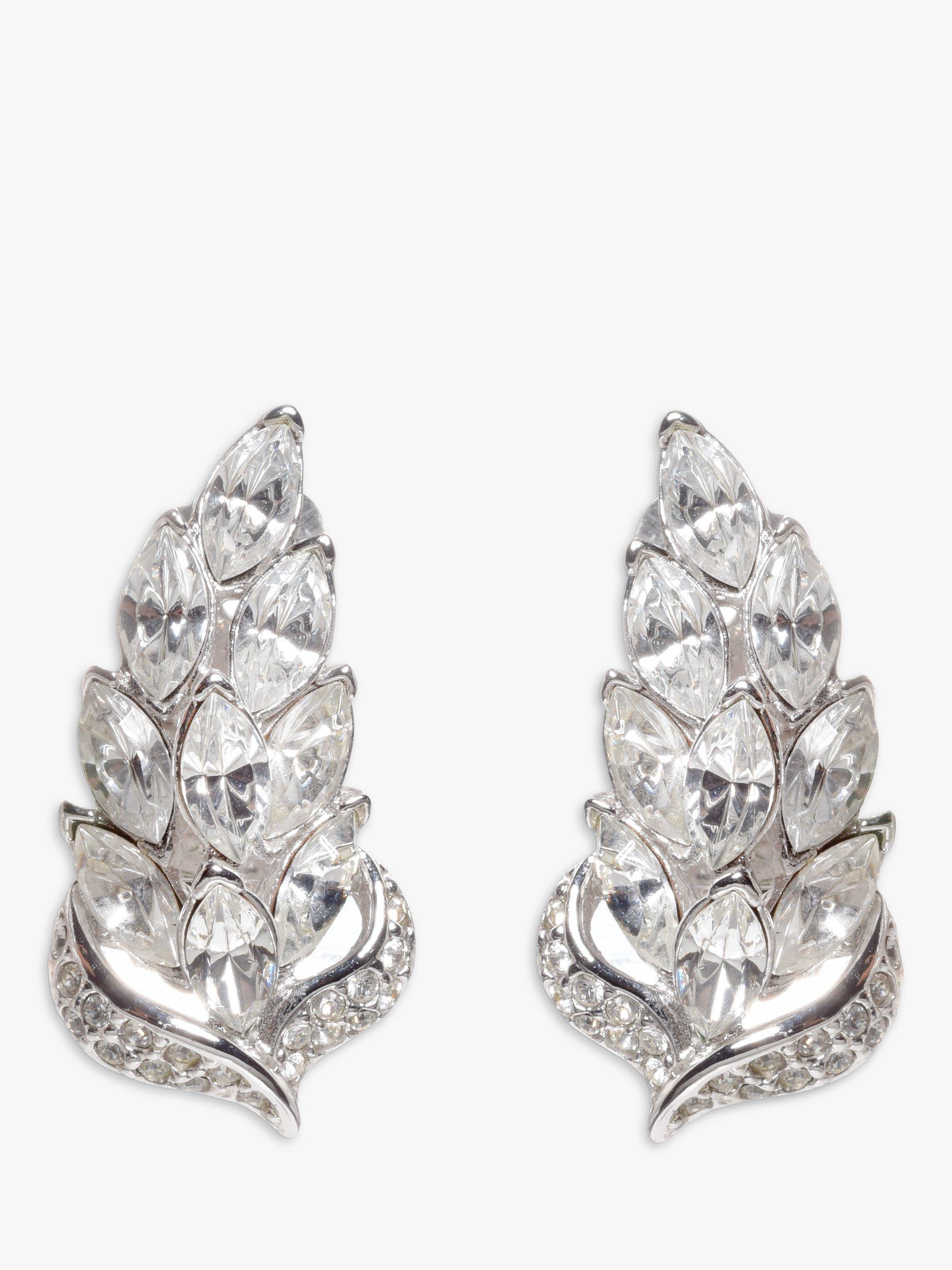 Product image 1 of 1, which shows Eclectica Pre-Loved Attwood & Sawyer Swarovski Crystals Curved Floral Clip-On Earrings, Silver