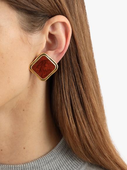 Eclectica Pre-Loved 18ct Gold Plated Enamel Large Diamond Clip-On Earrings, Dated Circa 1980s - view 2, Gold/Brown