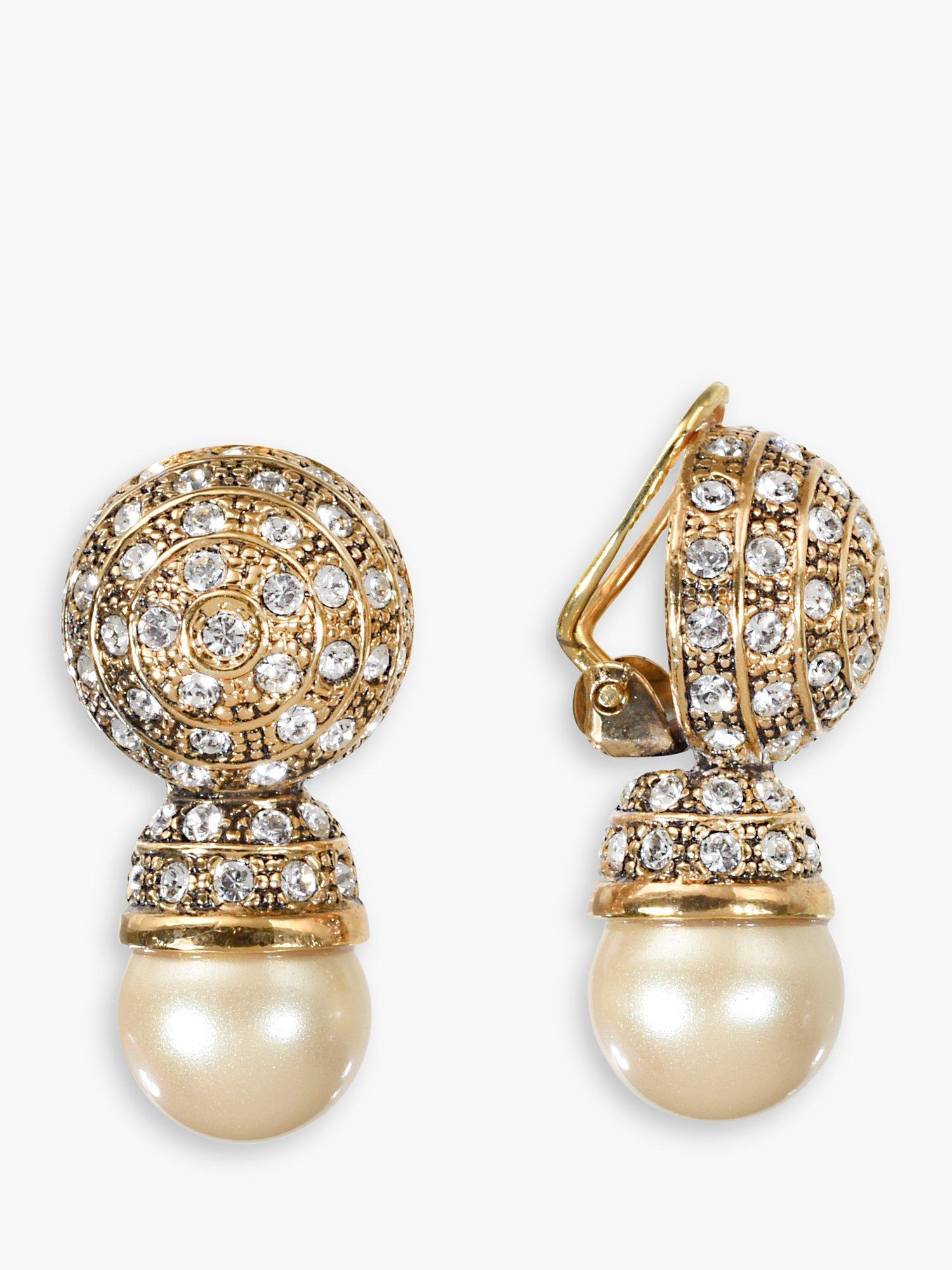 Product image 1 of 1, which shows Eclectica Pre-Loved 22ct Gold Plated Swarovski Crystal & Faux Pearl Stud Clip-On Earrings, Dated Circa 1980s