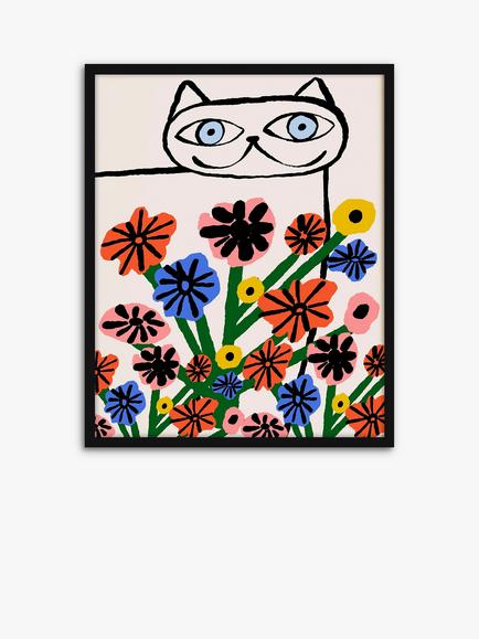 John Lewis Marcello Velho 'Garden Cat' Framed Print, 52 x 42cm, Multi, Multi