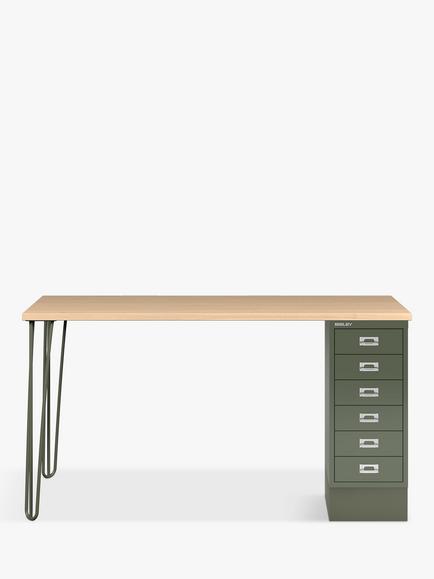 Bisley MultiDesk Oak Veneer Home Office Desk with 6 Drawers, 140cm, Green/Oak
