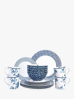 Laura Ashley Blueprint Collectables Dinnerware Set, 16-Piece, Blue/White