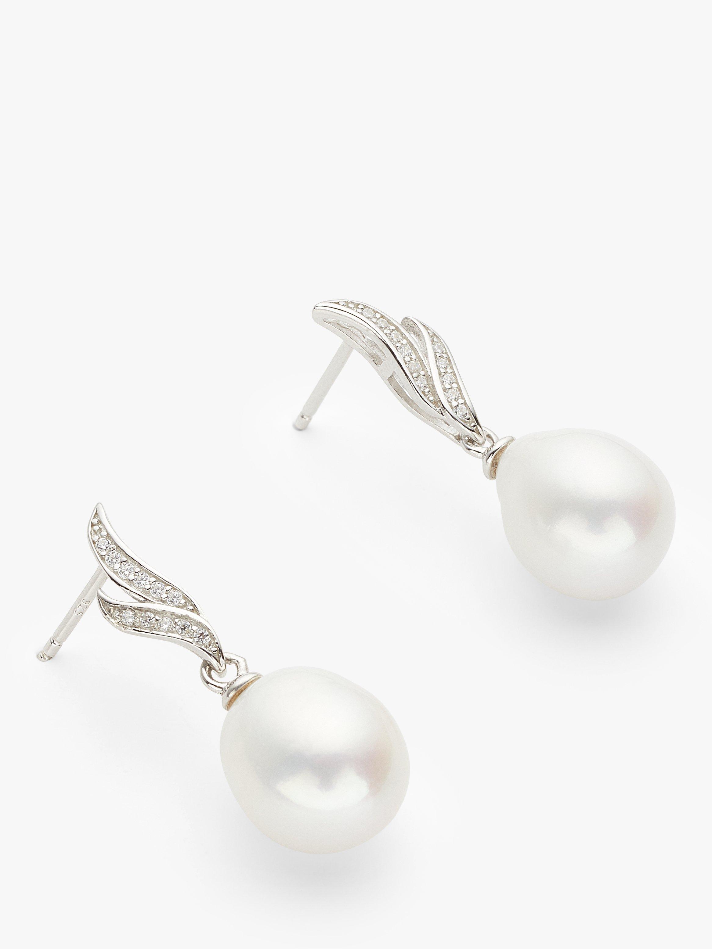 Product image 1 of 4, which shows Lido Cubic Zirconia Freshwater Pearl Double Leaf Stud Earrings, White/Silver
