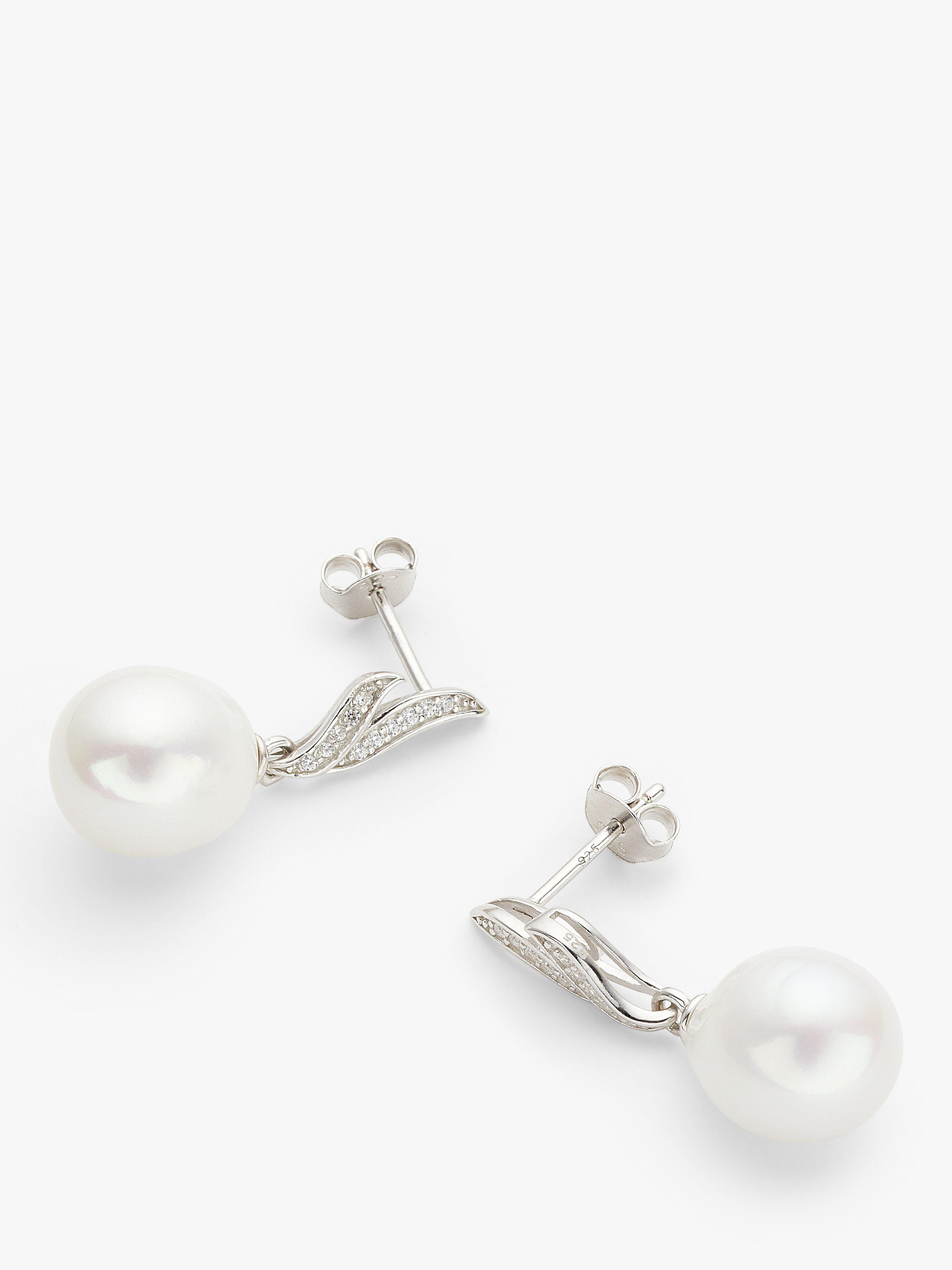 Product image 3 of 4, which shows Lido Cubic Zirconia Freshwater Pearl Double Leaf Stud Earrings, White/Silver