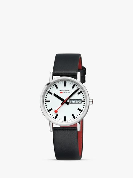 Mondaine A667.30314.11SBBV Unisex SBB 36mm Classic Day Date Vegan Leather Strap Watch, Black/White, Black/White