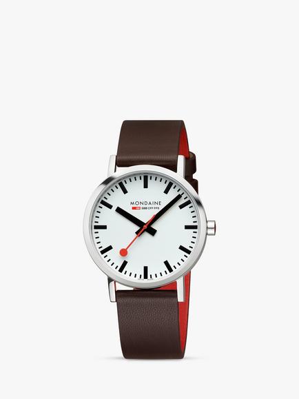 Mondaine A660.30360.11SBGV Men's SBB 40mm Classic Vegan Leather Strap Watch, Brown/White, Brown/White