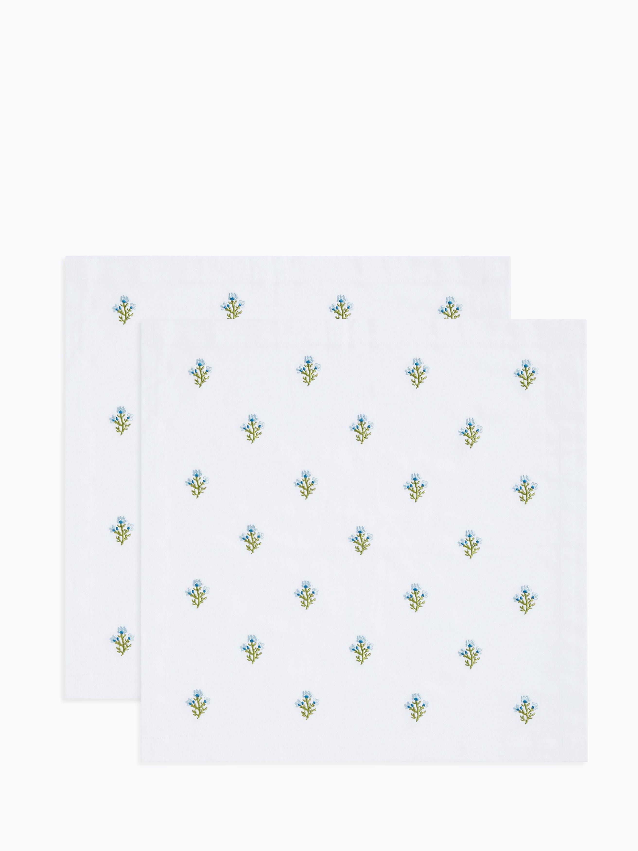 John Lewis Embroidered Flowers Cotton Napkin, Set of 2, White/Green