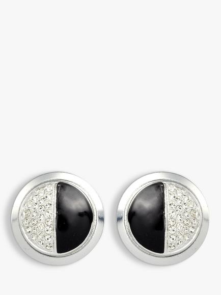 Eclectica Pre-Loved Enamel & Swarovski Crystal Half and Half Clip-On Earrings, Dated Circa 1980s, Silver/Black