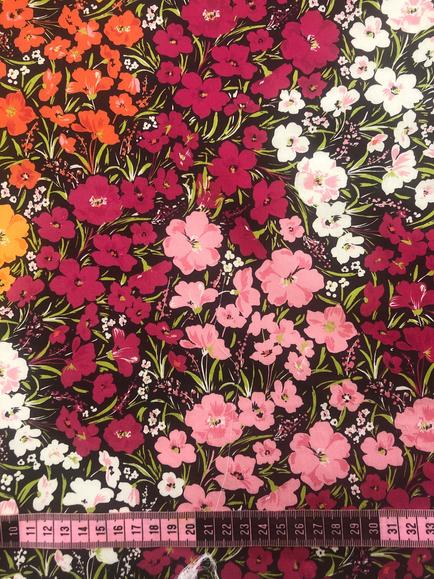 John Kaldor Lizzano Block Floral Polyester Sateen Fabric, Gold / Cerise - view 2, Gold / Cerise