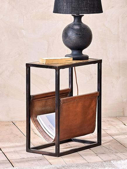 nkuku Alera Mango Wood & Leather Magazine Rack Side Table, Natural, Natural