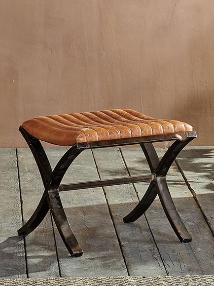 nkuku Narwana Ribbed Leather Footstool, Aged Leather