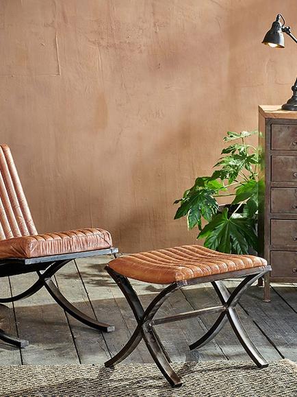 nkuku Narwana Ribbed Leather Footstool - view 2, Aged Leather