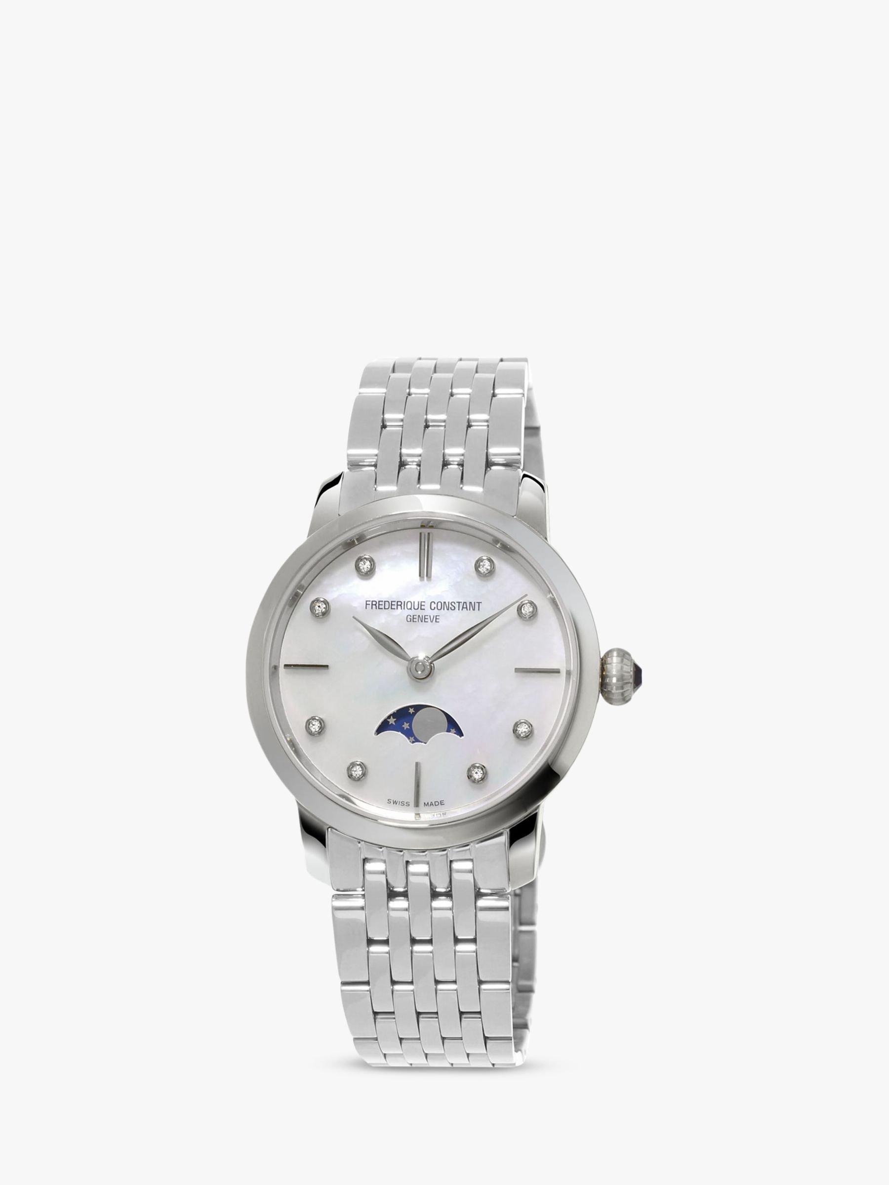 Frederique Constant FC-206MPWD1S6B Women's Moonphase Diamond Bracelet Strap Watch, Silver/Mother Of Pearl
