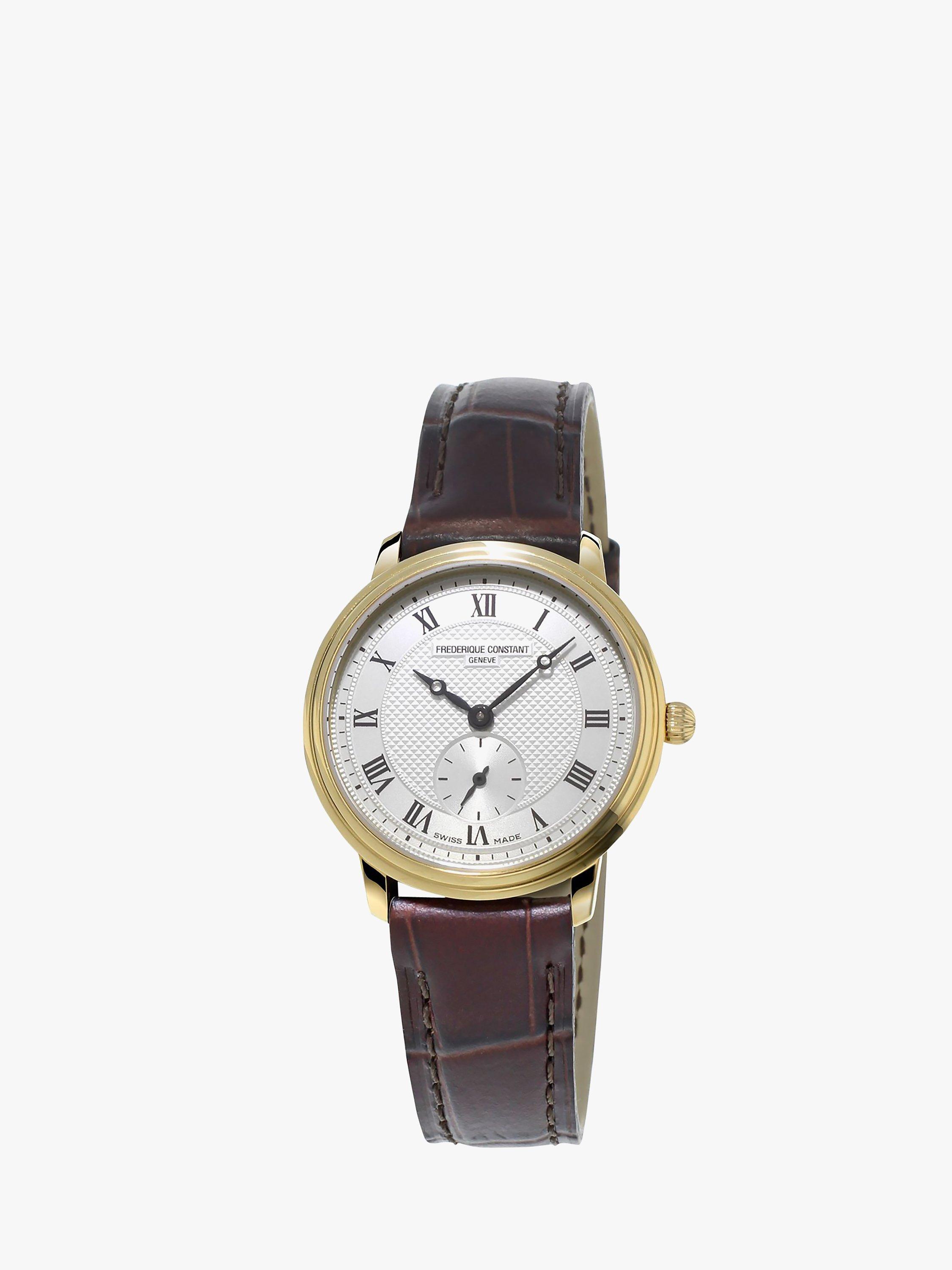 Product image 1 of 5, which shows Frederique Constant FC-235M1S5 Women's Slimline Leather Strap Watch, Brown/White