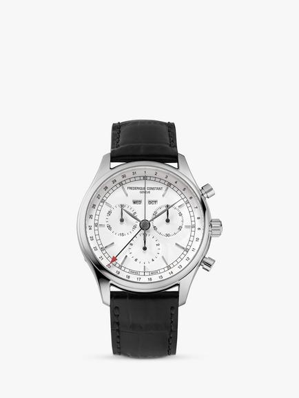 Frederique Constant FC-296SW5B6 Men's Classic Chronograph Leather Strap Watch, Black/White, Black/White