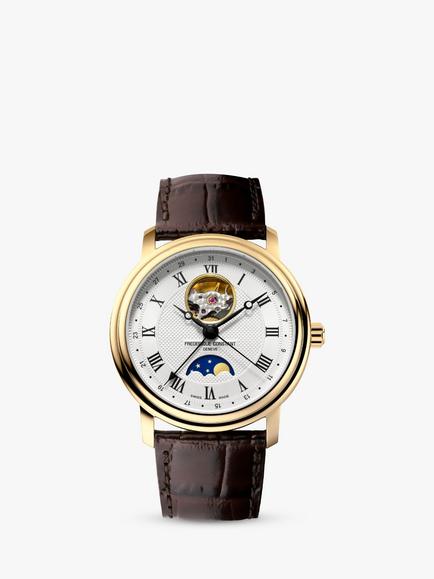 Frederique Constant FC-335MC4P5 Men's Classic Moonphase Leather Strap Watch, Brown/White, Brown/White