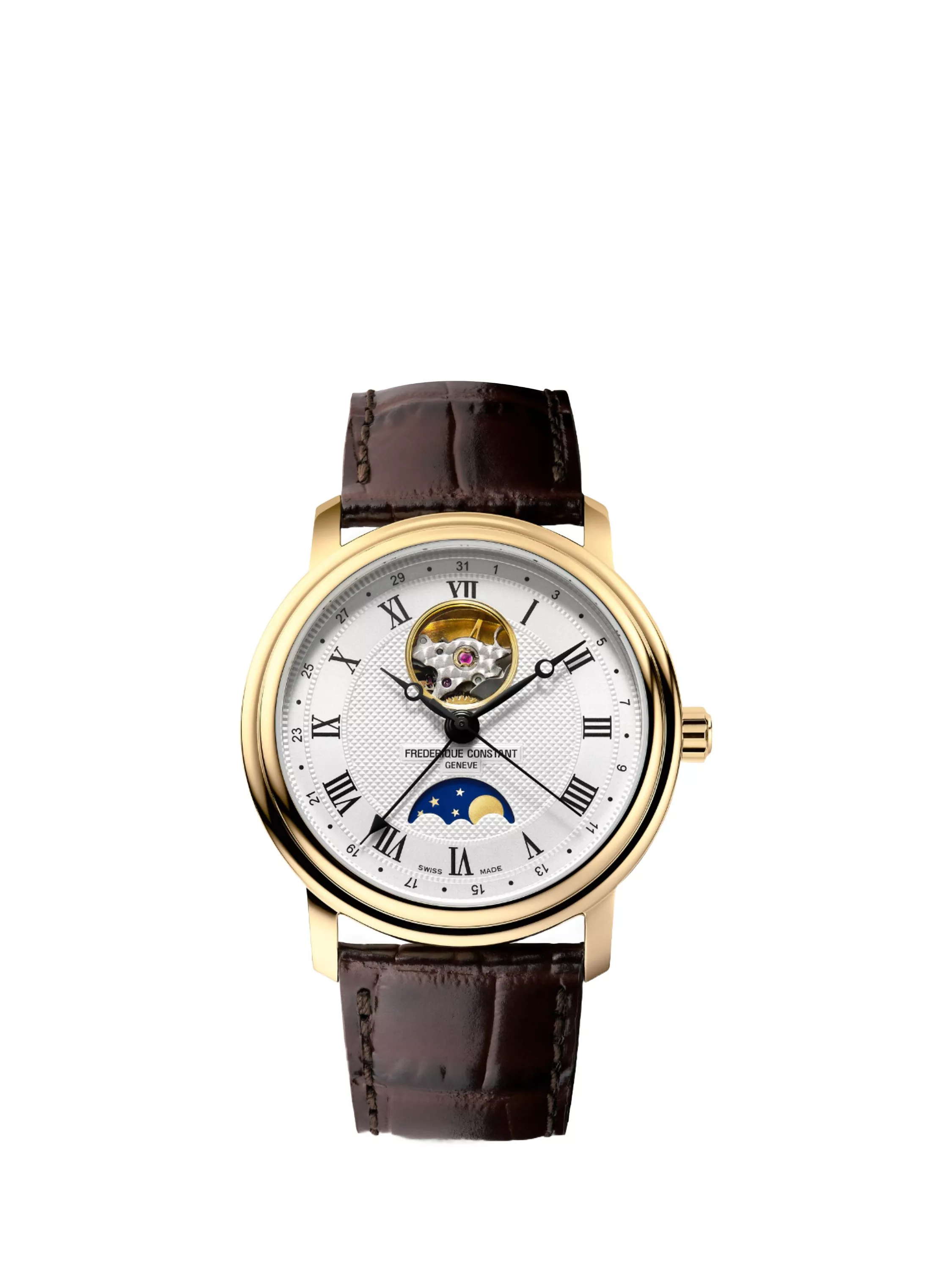 Elegant gold watch with moon phase dial, Roman numerals, and brown leather strap, showcasing classic sophistication.