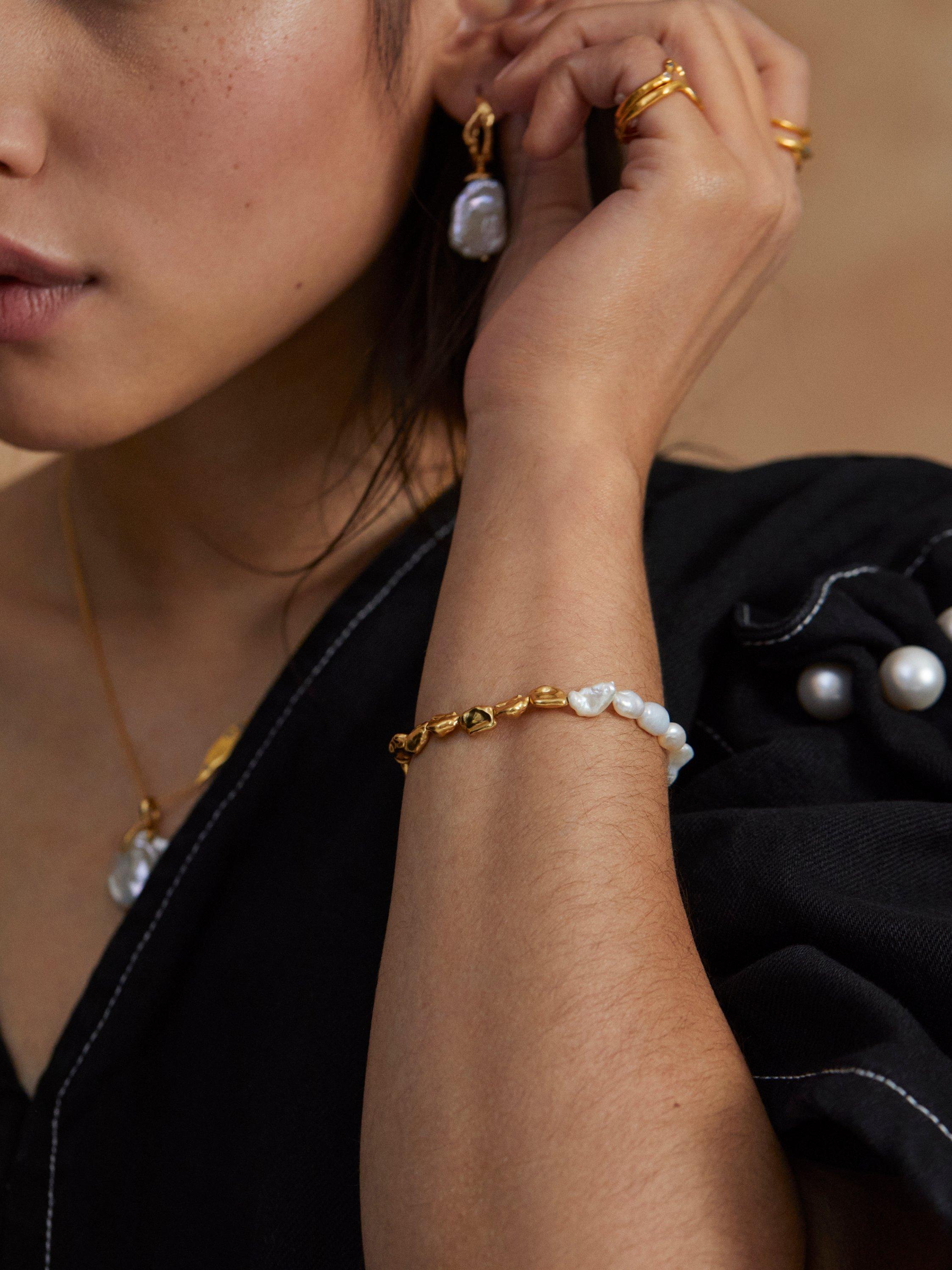 Product image 4 of 6, which shows Monica Vinader x Mother of Pearl Keshi Pearl Large Hoop Earrings, Gold/White