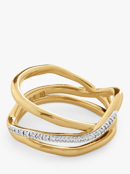Monica Vinader Riva Triple Wave Diamond Ring, Gold, Gold