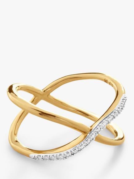 Monica Vinader Kiss Diamond Cross Over Ring, Gold, Gold