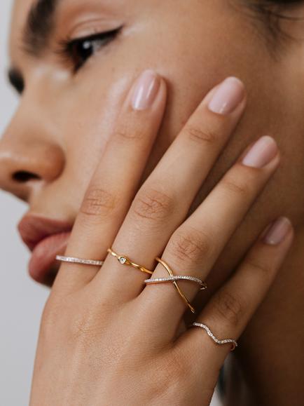 Monica Vinader Kiss Diamond Cross Over Ring, Gold - view 2, Gold