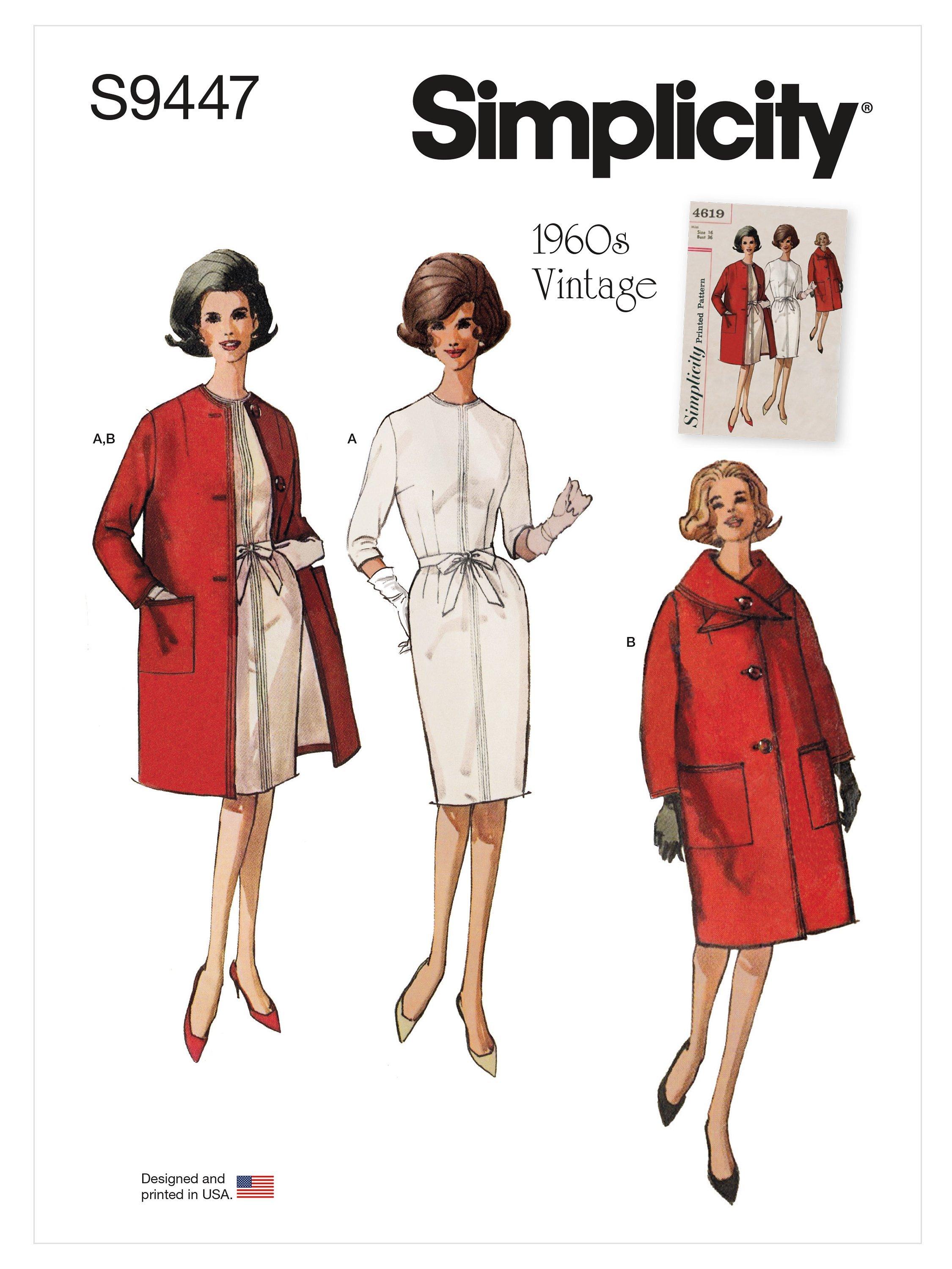 Simplicity Misses' 1960s Vintage Dress, Coat and Scarf Sewing Pattern, S9447, A