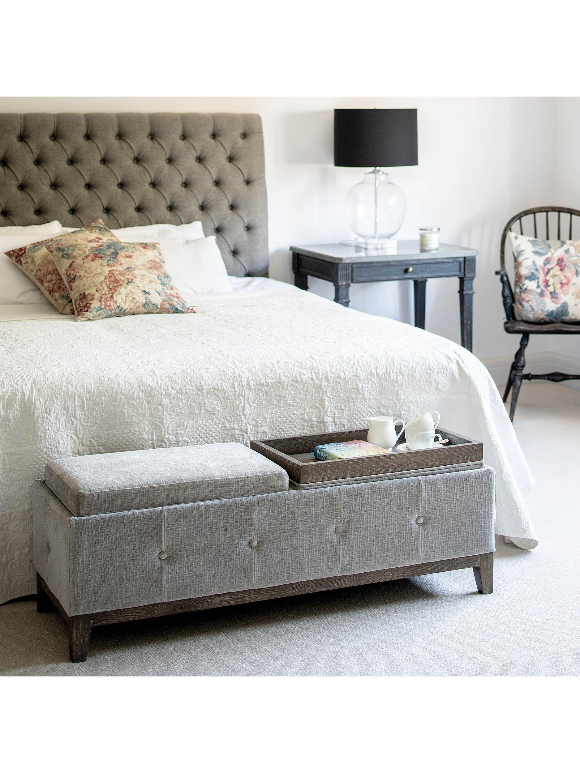 One.World St James Velvet & Oak Wood Ottoman with Trays, Grey