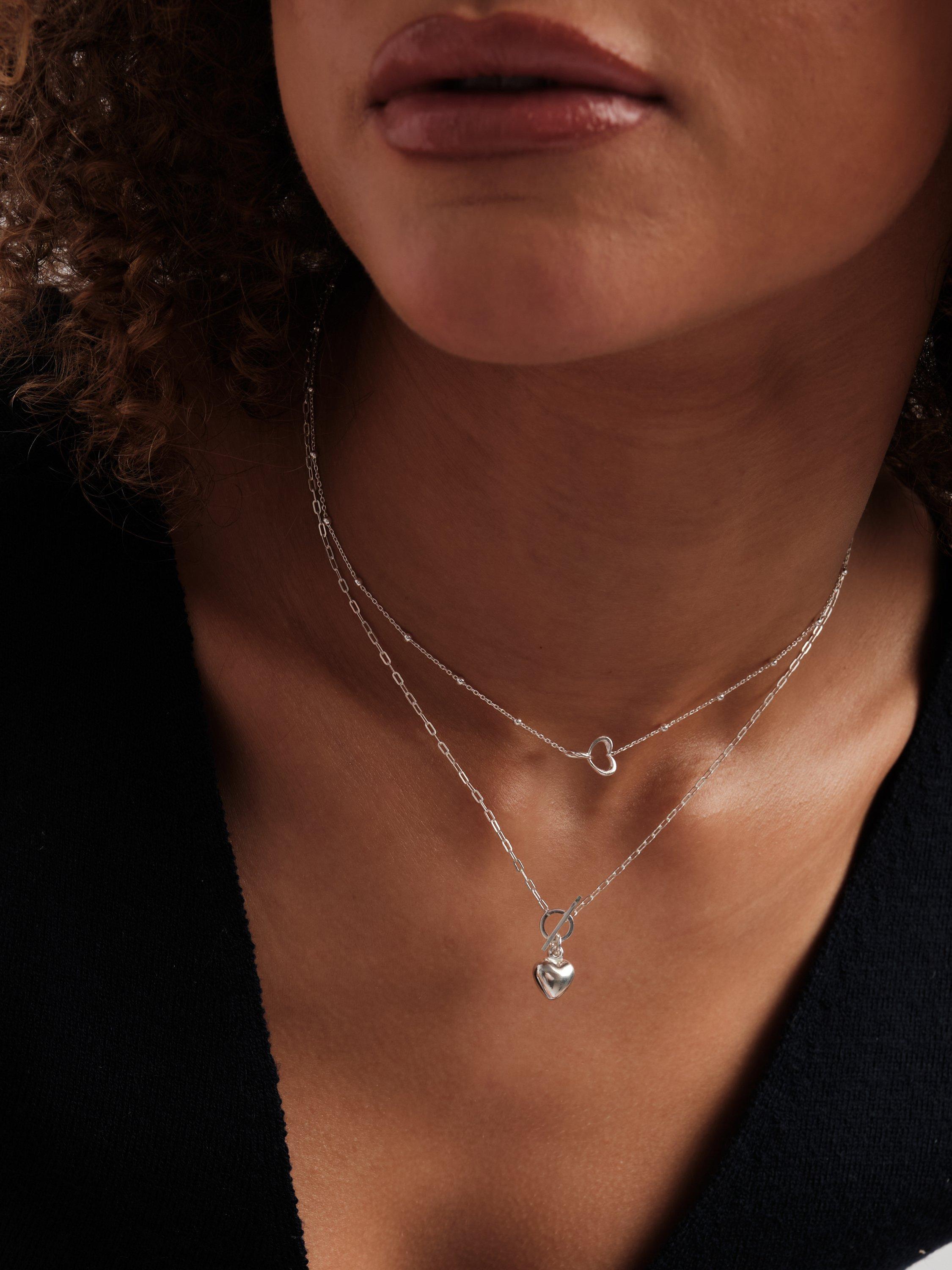 Simply Silver Puff Heart T Bar Pendant Necklace, Silver