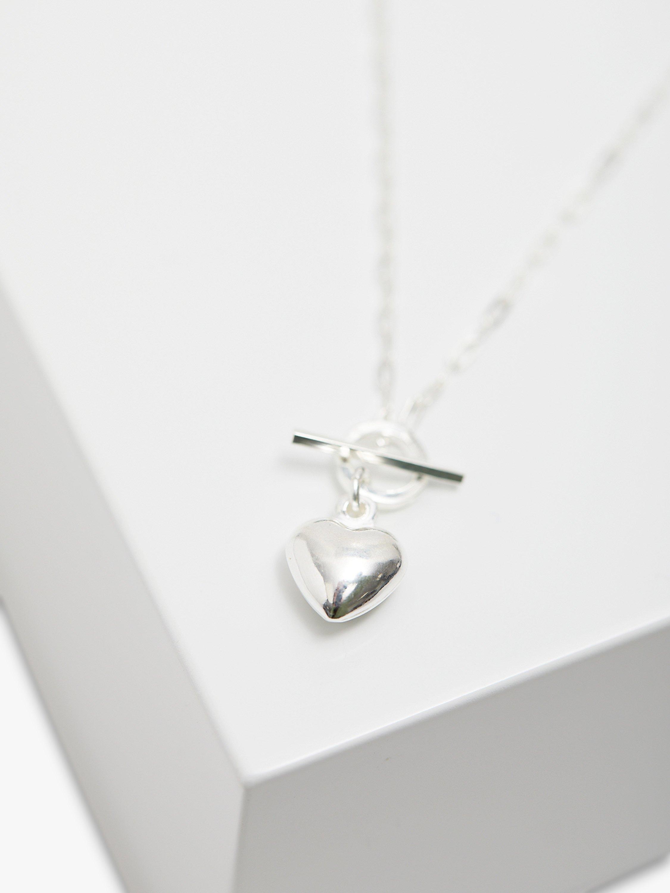 Simply Silver Puff Heart T Bar Pendant Necklace, Silver