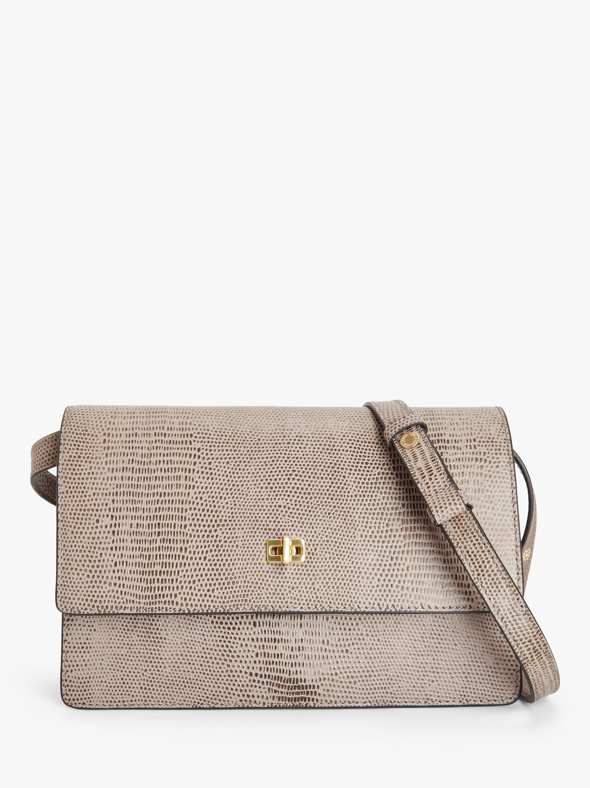 John Lewis Medium Lock Leather Cross Body Bag, Taupe Lizard