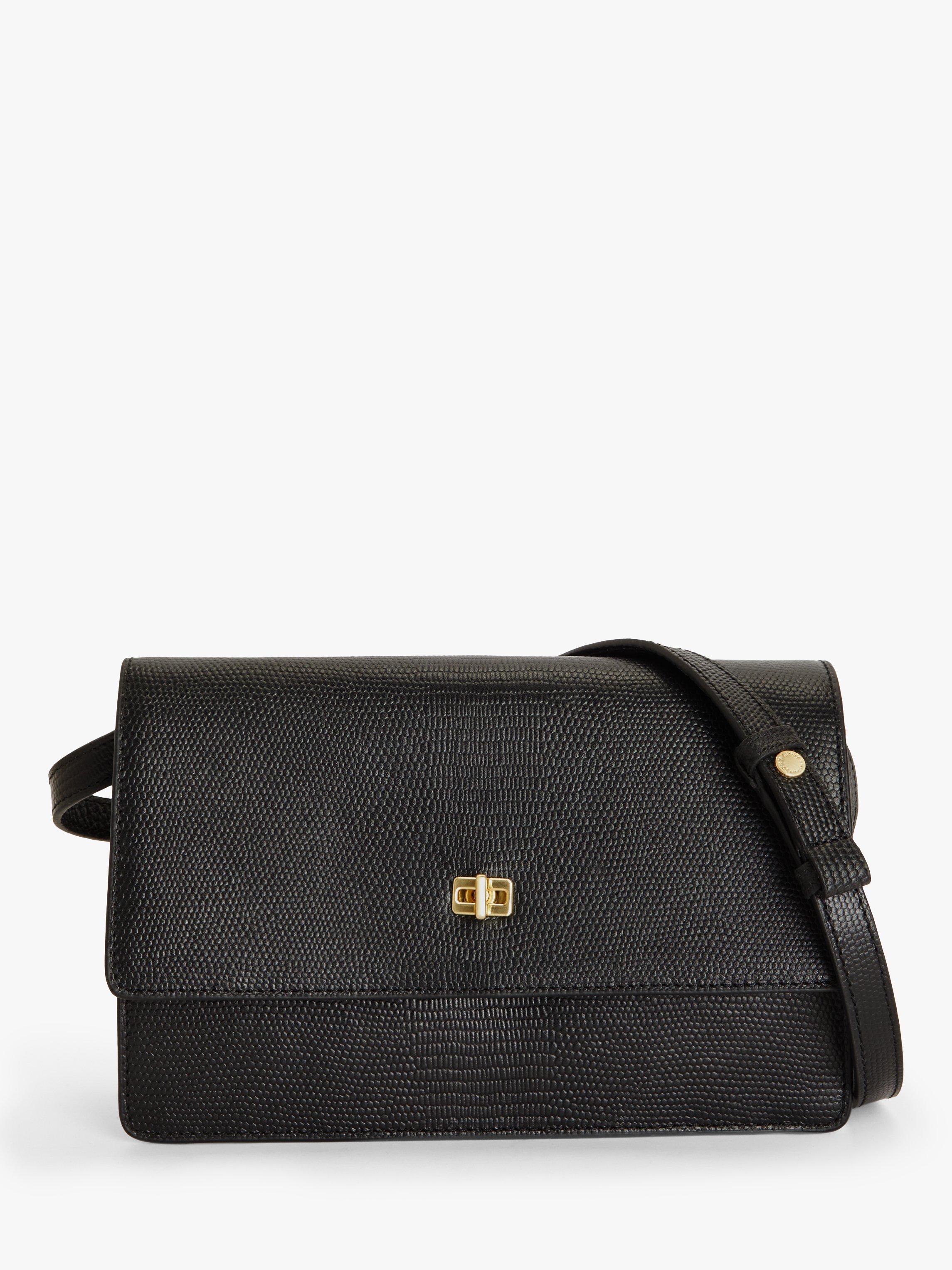 John Lewis Medium Lock Leather Cross Body Bag, Black Lizard