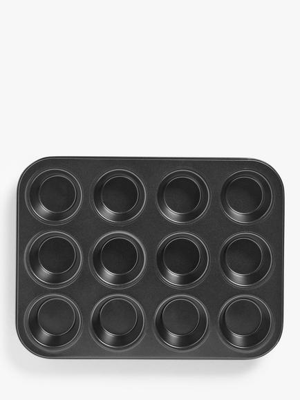 John Lewis Carbon Steel Non-Stick Muffin Tray, 12 Cup, Black