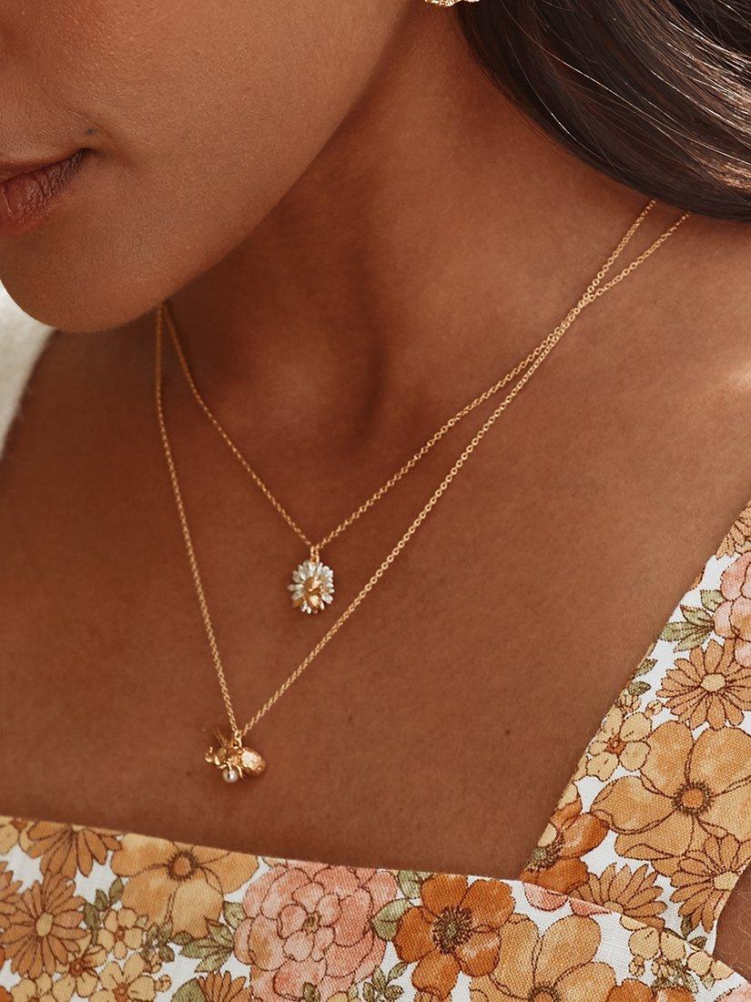 Product image 2 of 3, which shows Alex Monroe Daisy & Baby Bee Pendant Necklace, Gold/Silver