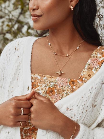 Alex Monroe Floral & Baby Bee Chain Necklace, Gold/Silver - view 2, Gold/ Silver