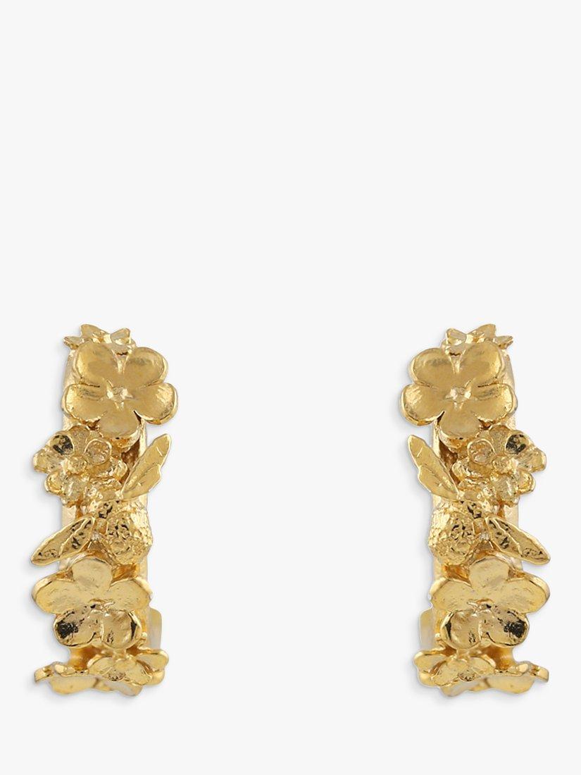 Product image 1 of 4, which shows Alex Monroe Itsy Bitsy Bee Floral Huggie Hoop Earrings, Gold