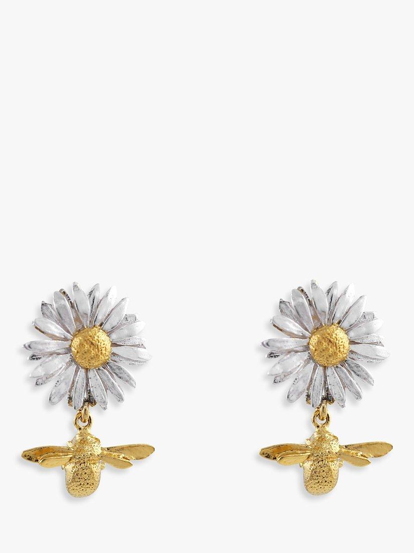 Product image 1 of 4, which shows Alex Monroe Daisy &  Baby Bee Drop Earrings, Gold/Silver