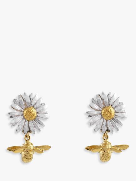 Alex Monroe Daisy & Baby Bee Drop Earrings, Gold/Silver, Gold/ Silver