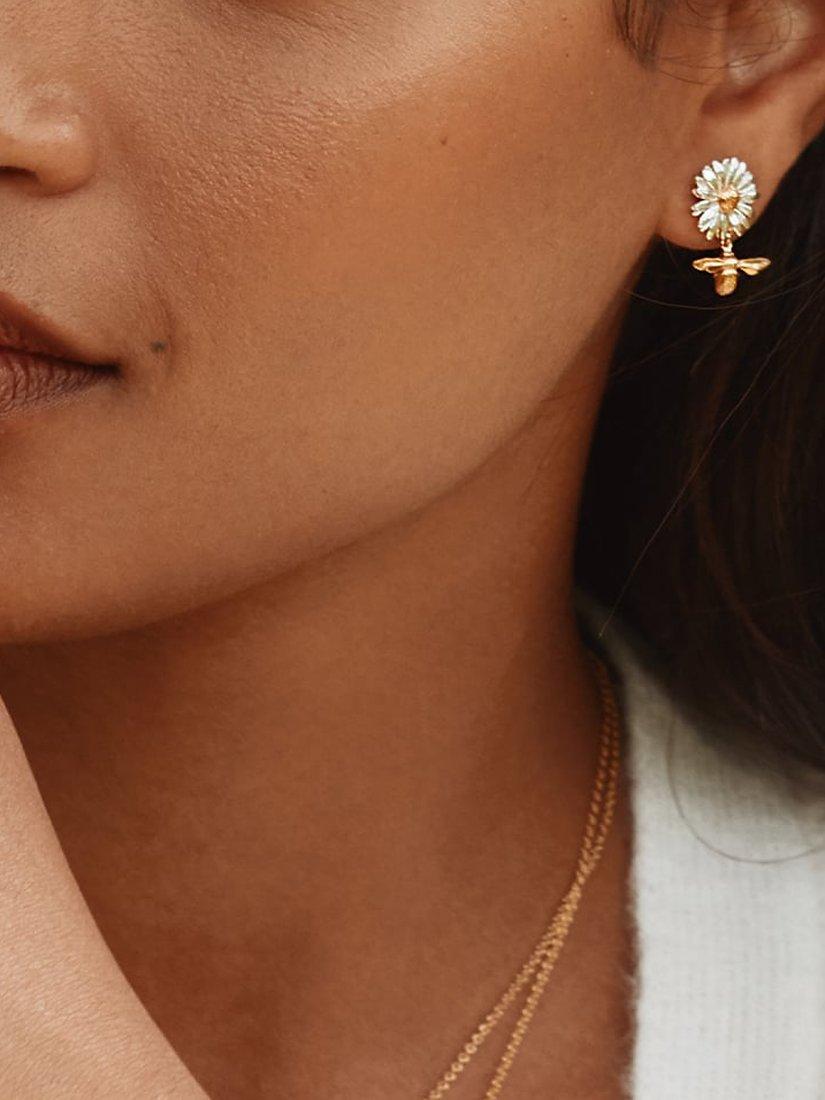 Product image 2 of 4, which shows Alex Monroe Daisy &  Baby Bee Drop Earrings, Gold/Silver
