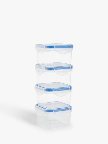 John Lewis Square Airtight Plastic Kitchen Storage Container, Set of 4, 80ml, Clear/Blue, Clear/Blue