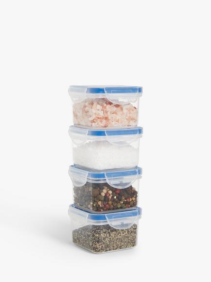 John Lewis Square Airtight Plastic Kitchen Storage Container, Set of 4, 80ml, Clear/Blue - view 2, Clear/Blue
