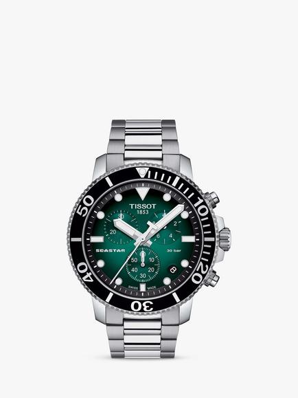 Tissot T1204171109101 Men's Seastar Chronograph Date Bracelet Strap Watch, Silver/Green, Silver/Green