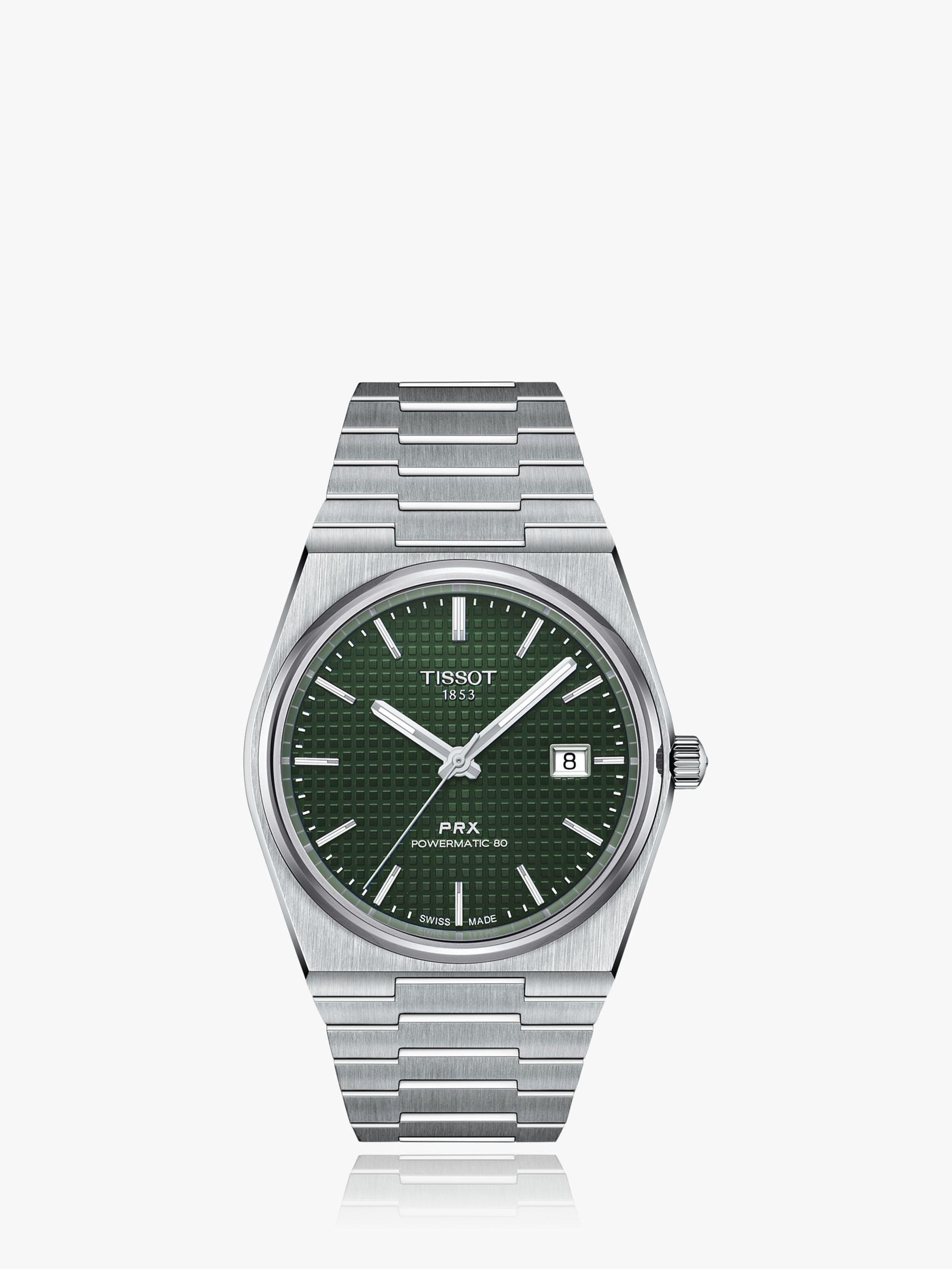 Product image 1 of 4, which shows Tissot T1374071109100 Men's PRX Automatic Powermatic 80 Date Bracelet Strap Watch, Silver/Green