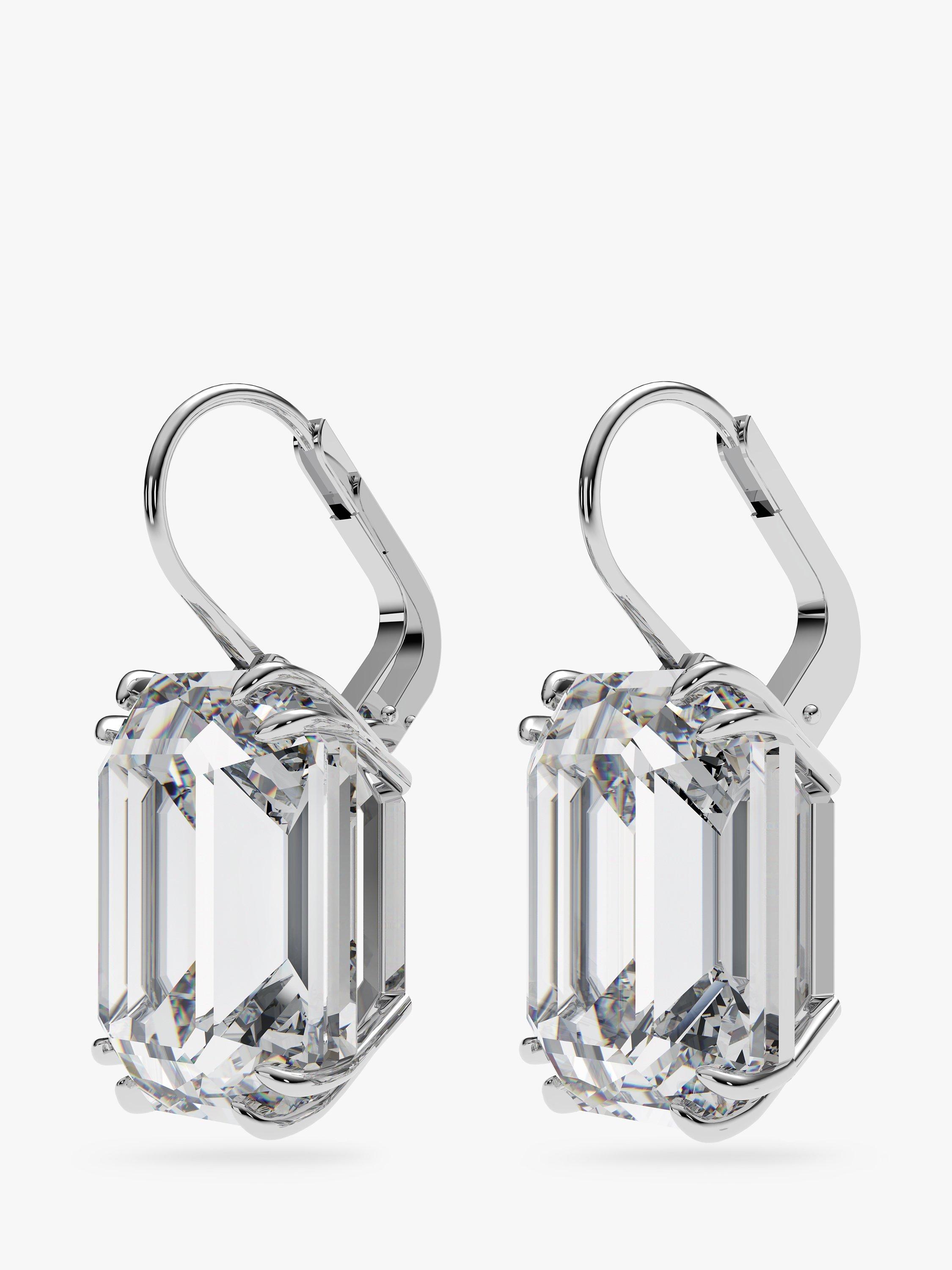 Product image 3 of 4, which shows Swarovski Millenia Octagon Cut Crystal Drop Earrings, Silver/White
