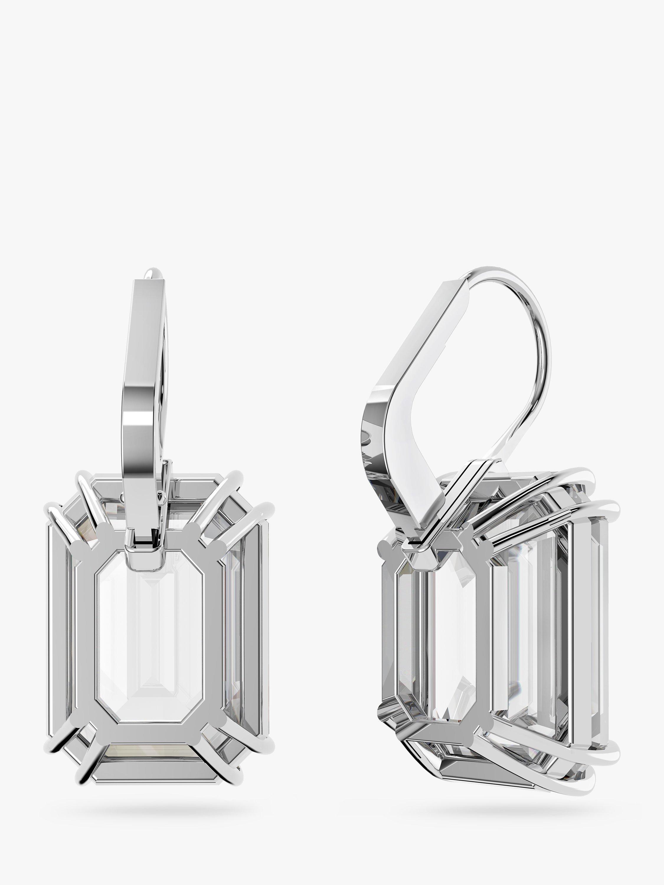 Product image 4 of 4, which shows Swarovski Millenia Octagon Cut Crystal Drop Earrings, Silver/White