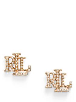 Lauren Ralph Lauren Faux Pearl Logo Stud Earrings, Gold, Yellow Gold